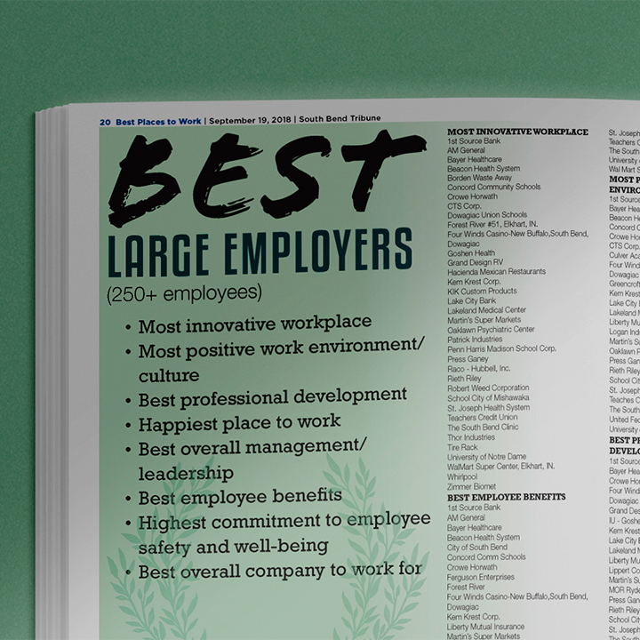 Page detail of Best Workplaces newspaper insert against a light green background