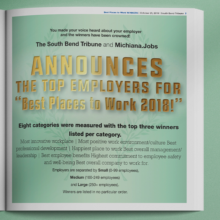 Page detail of Best Workplaces newspaper insert against a light green background