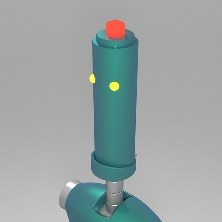 3D render of a teal robot with glowing yellow lights for eyes and a glowing red light on its head