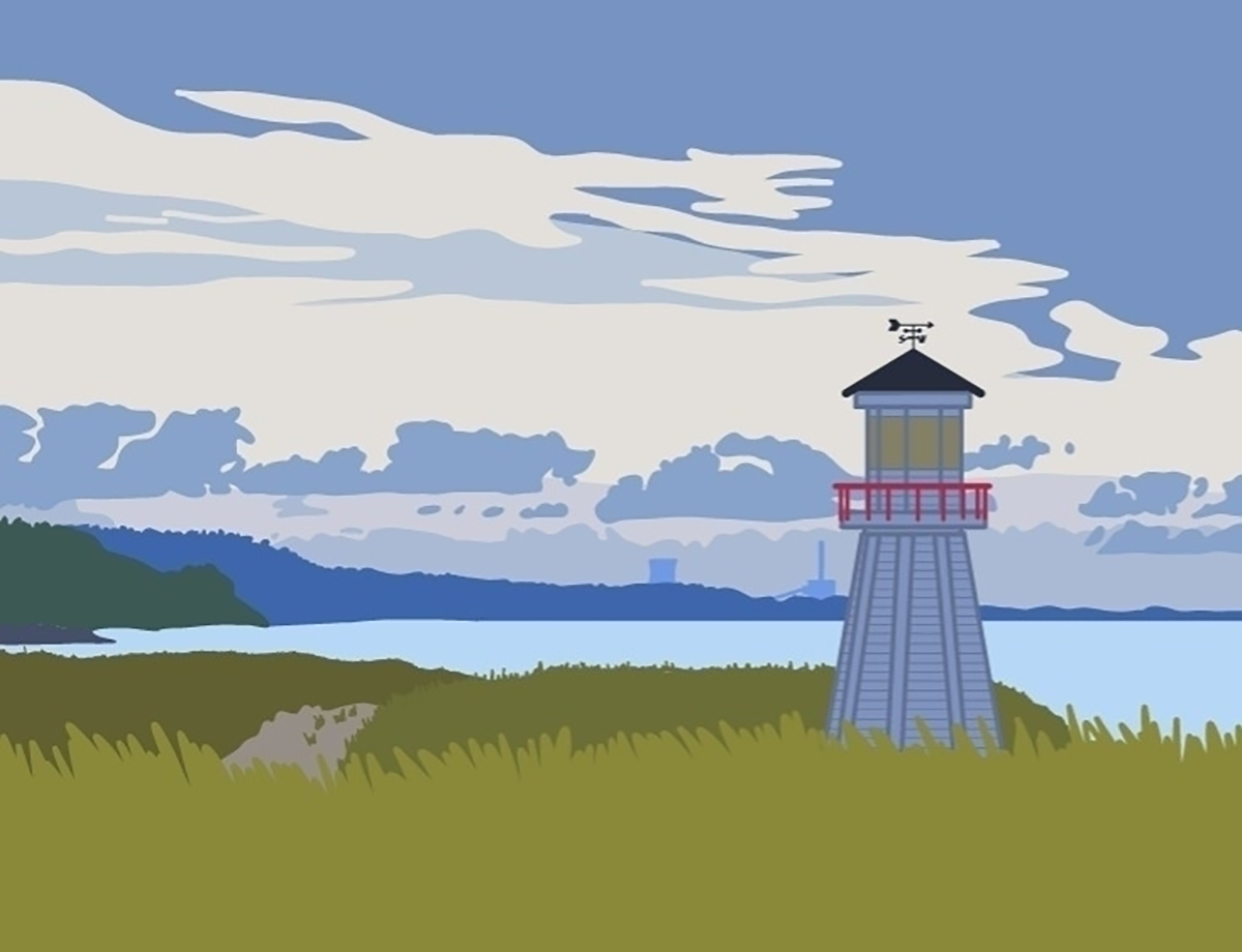 Illustration of Lake Michigan featuring a lighthouse, rolling dunes, and beautiful blue water